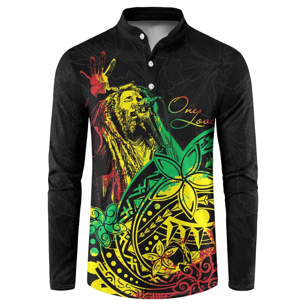 Black long-sleeve button sweatshirt with colorful portrait and floral stencil front graphic