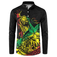 Black long-sleeve button sweatshirt with colorful portrait and floral stencil front graphic