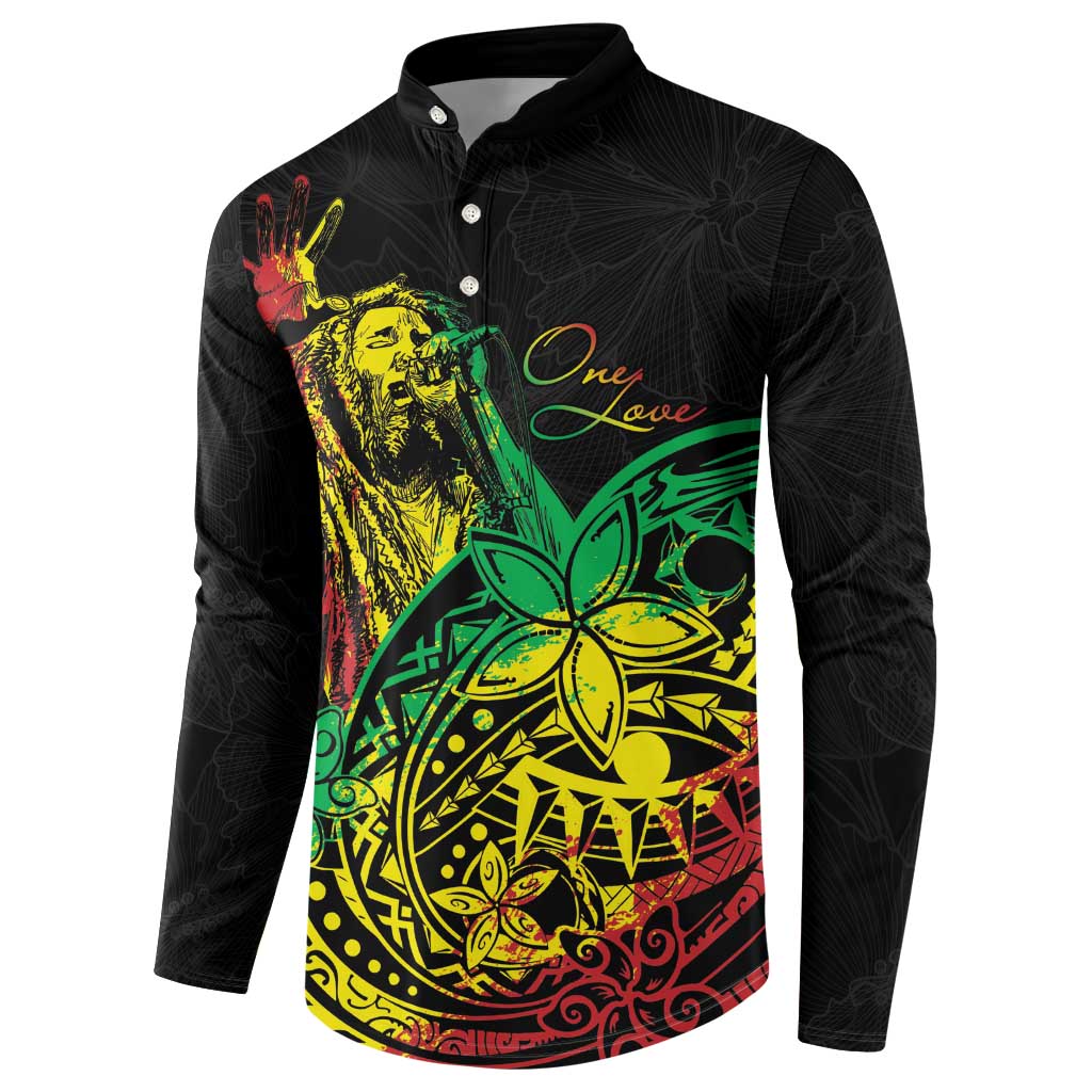 Black long-sleeve button sweatshirt with colorful portrait and “One Love” front graphic