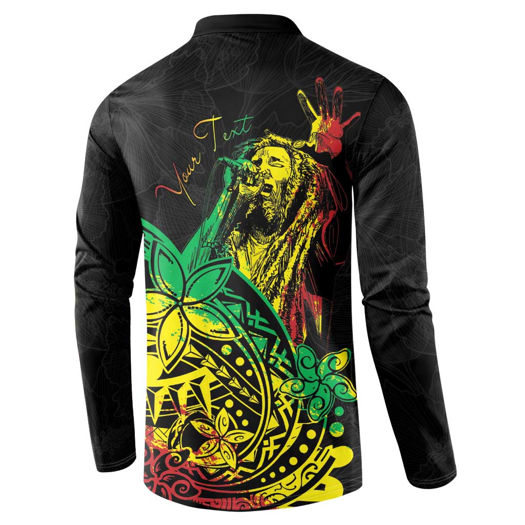 Black long-sleeve button sweatshirt with colorful portrait and “Text” back graphic