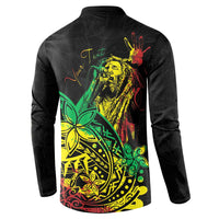 Black long-sleeve button sweatshirt with colorful portrait and “Text” back graphic