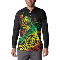 Black long-sleeve button sweatshirt worn by model, front colorful portrait print