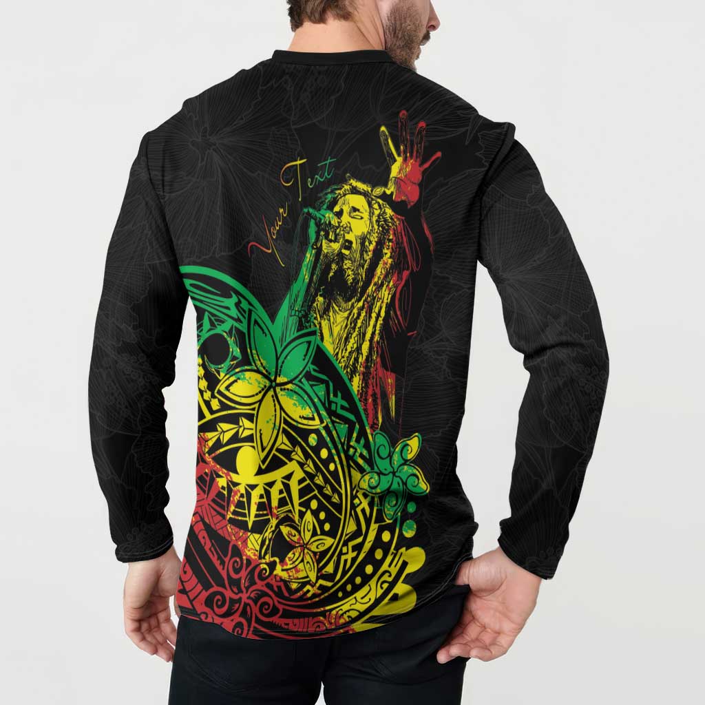 Black long-sleeve button sweatshirt worn by model, back colorful portrait print