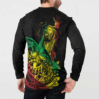Black long-sleeve button sweatshirt worn by model, back colorful portrait print
