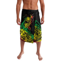 Men's black board shorts with vibrant reggae-inspired tropical print, elastic waistband