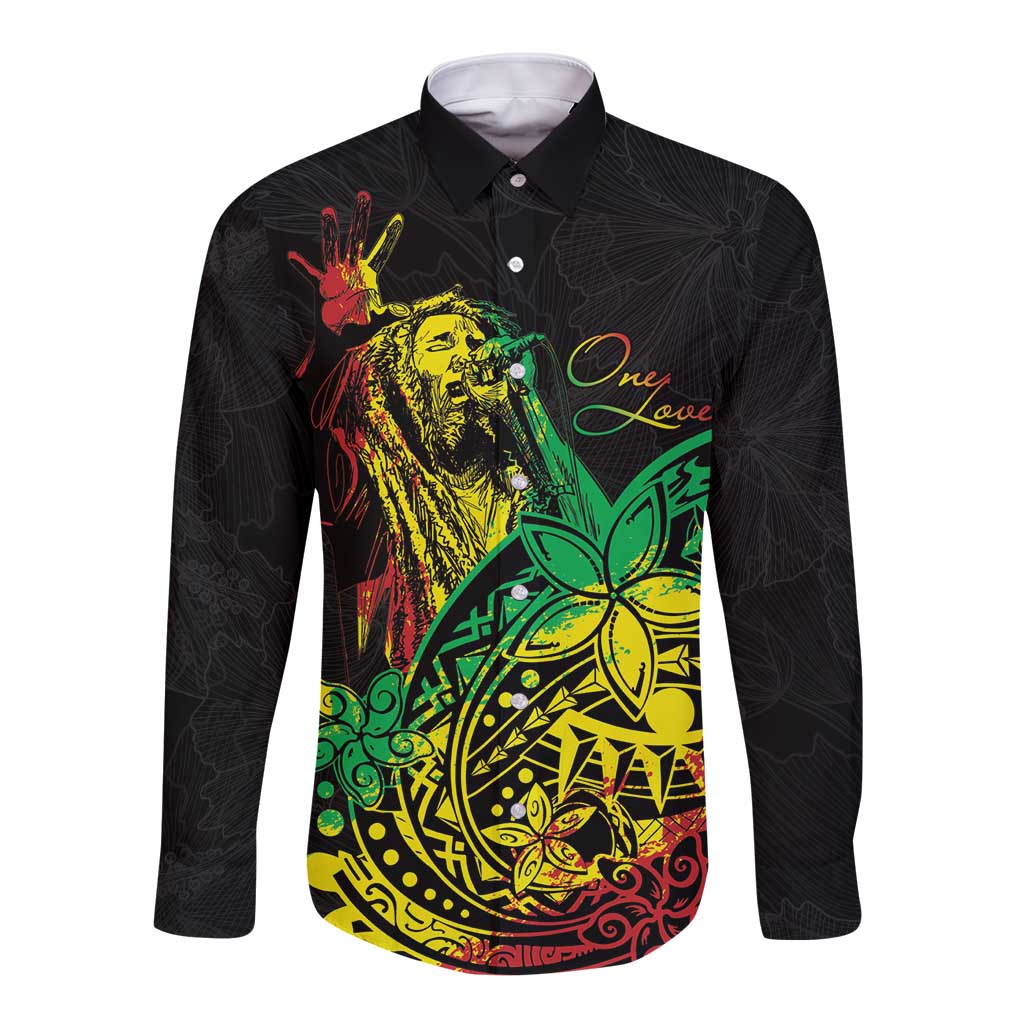 Unisex long-sleeve button shirt, black with colorful reggae-style graphic front