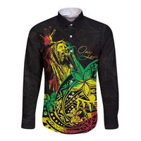 Unisex long-sleeve button shirt, black with colorful reggae-style graphic front