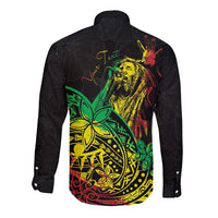 Unisex long-sleeve button shirt, black with colorful back graphic and large portrait