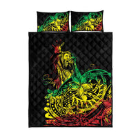 Black quilt bed set with large Polynesian tribal motif and two square pillow covers