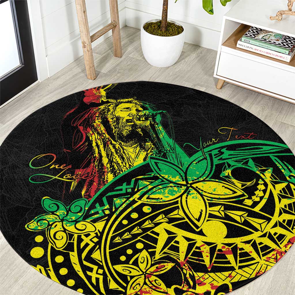 Round area rug, black with neon green/yellow/red Polynesian style graphic