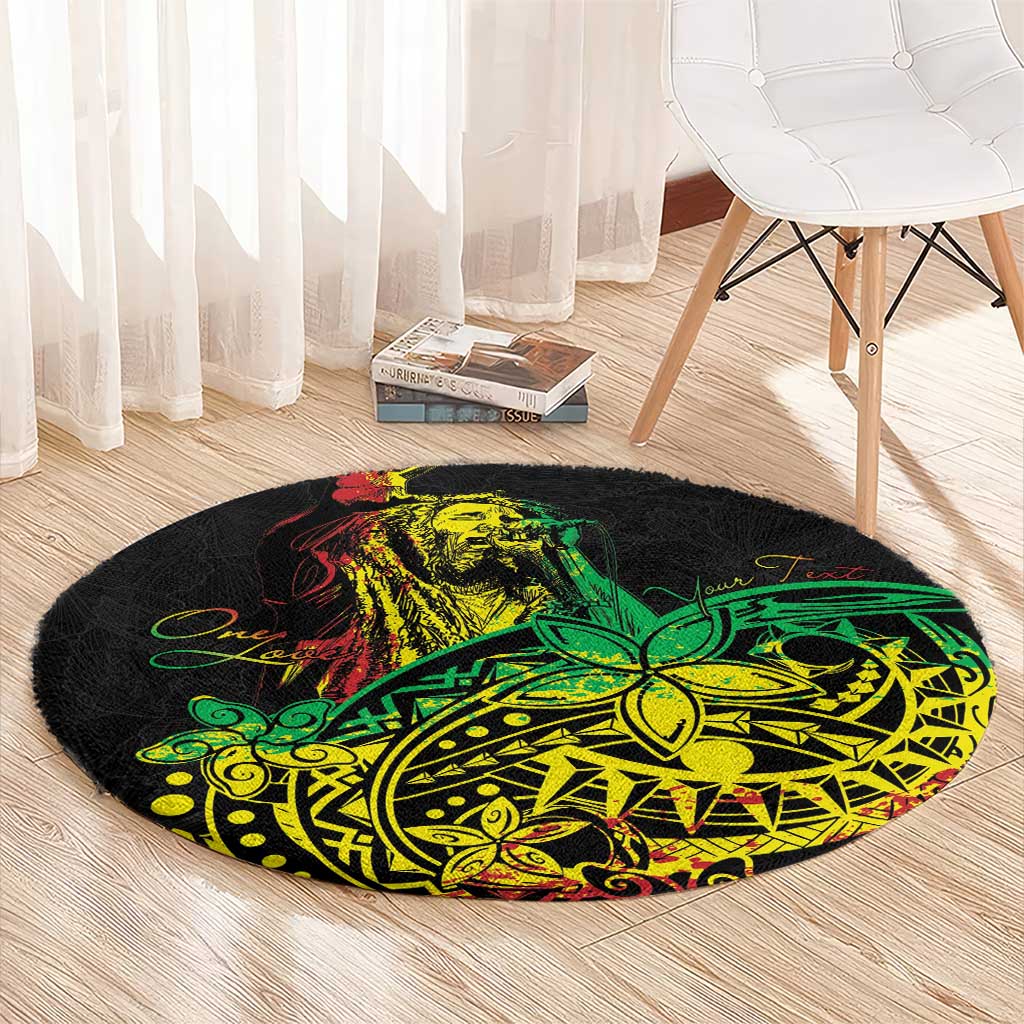 Round area rug, black with neon green/yellow/red Polynesian style graphic, large round