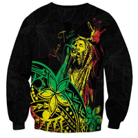 Unisex dark sweatshirt with colorful reggae portrait, red bird, and green-yellow flower art