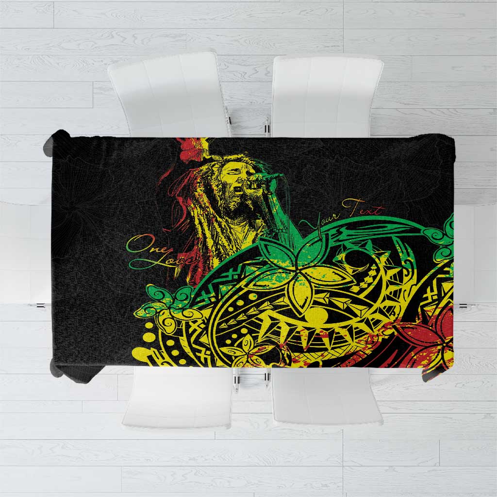 Personalised reggae tablecloth with black base and colorful Polynesian-style print