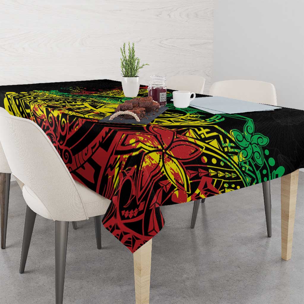 Black reggae tablecloth with bold red, yellow, and green Polynesian patterns