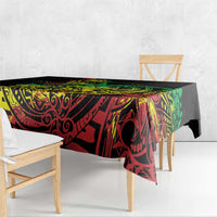 Polynesian-style reggae tablecloth with black background and red green yellow artwork