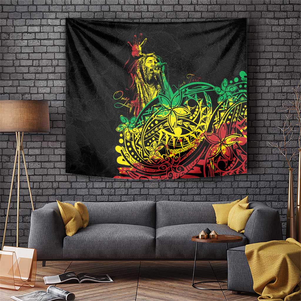 Reggae jawaiian festive tapestry, black fabric with colorful seated figure and floral motifs