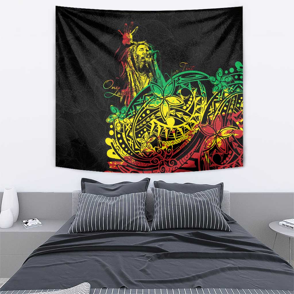 Reggae jawaiian festive tapestry, black cloth with neon dancer illustration and ornate scrollwork
