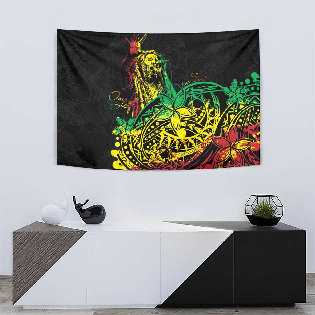 Reggae jawaiian festive tapestry, black background with bright stylized dancer and decorative details