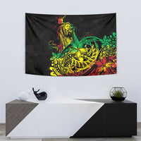 Reggae jawaiian festive tapestry, black background with bright stylized dancer and decorative details