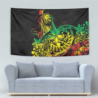 Reggae jawaiian festive tapestry, black fabric featuring yellow-green dancer art and red accents