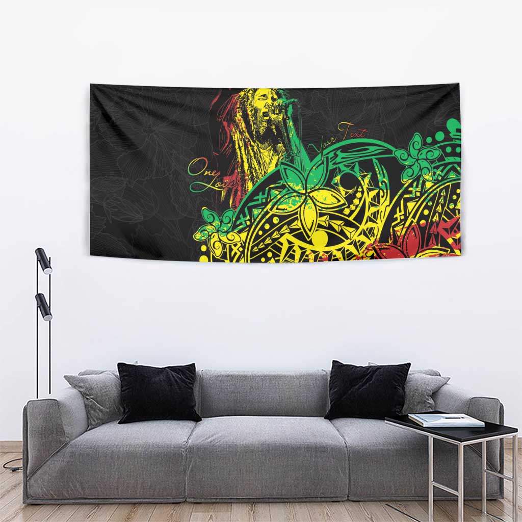 Reggae jawaiian festive tapestry on wall, black with colorful dancer graphic and petal patterns