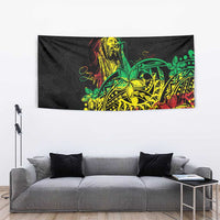 Reggae jawaiian festive tapestry on wall, black with colorful dancer graphic and petal patterns