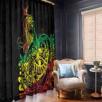 Black window curtain with bright neon-style Polynesian reggae rooster and floral pattern.