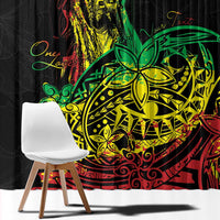 Black curtain panel featuring large neon Polynesian reggae rooster and floral mandala design.