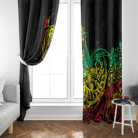 Black window curtains with colorful rooster and floral Polynesian reggae artwork, side view.