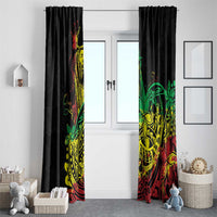 Black window curtain pair with vivid green, yellow, and red Polynesian reggae rooster art.