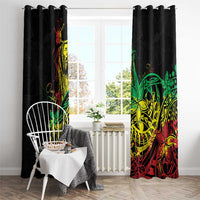 Black window curtain pair with colorful Polynesian reggae rooster design, front view.