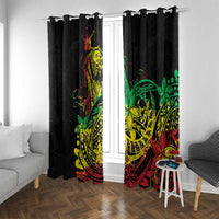 Black curtains with visible ring top; colorful Polynesian reggae rooster and floral artwork.