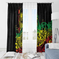 Black window curtain pair with neon Polynesian reggae rooster and red-green-yellow pattern.