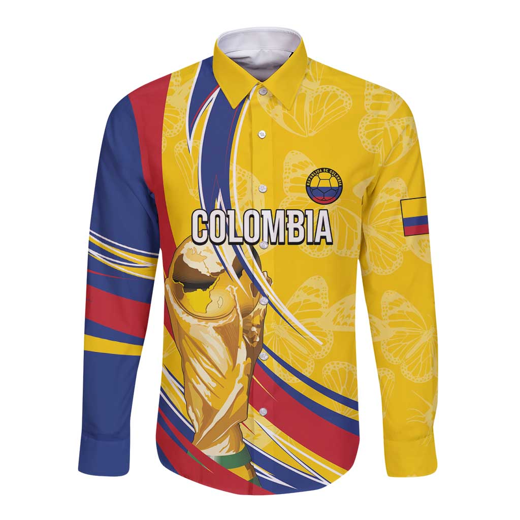 Colombia Football Personalized Long Sleeve Button Shirt WC2026 Butterflies Inspired