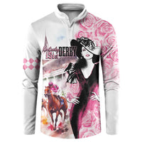 Button sweatshirt with pink rose, horse, and woman graphics; white front with button placket.