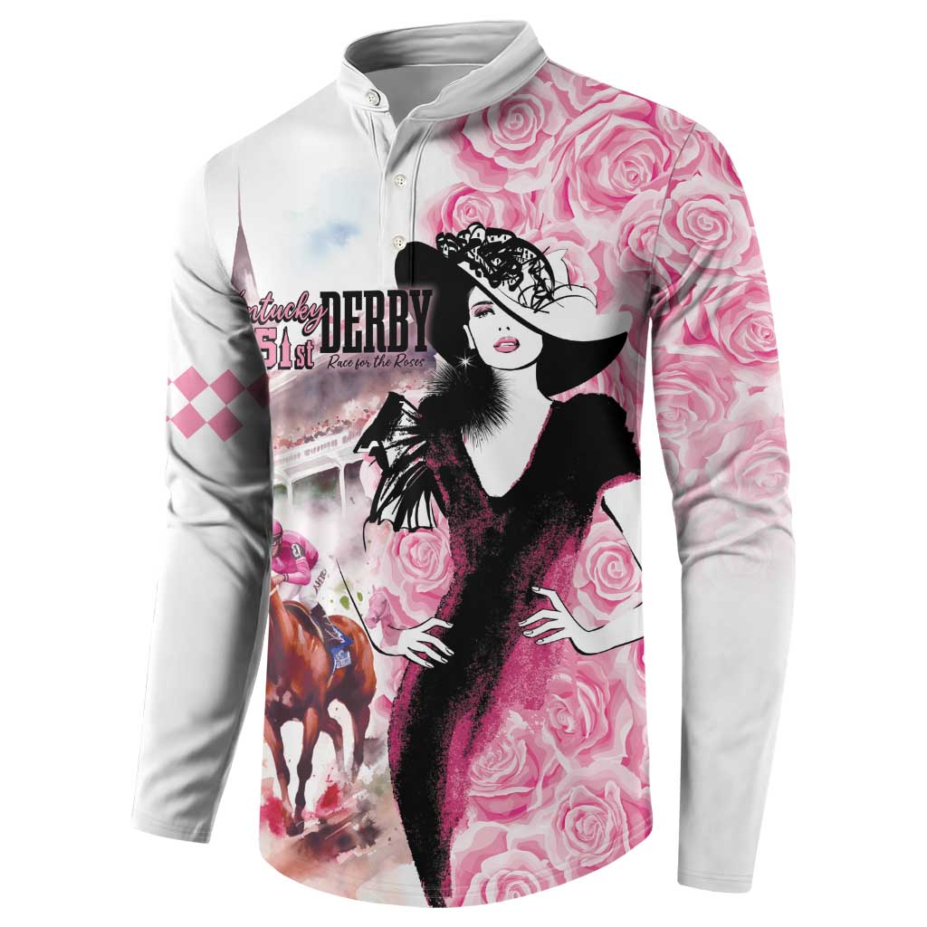 Button sweatshirt front view with derby-style horse race scene and pink rose pattern.