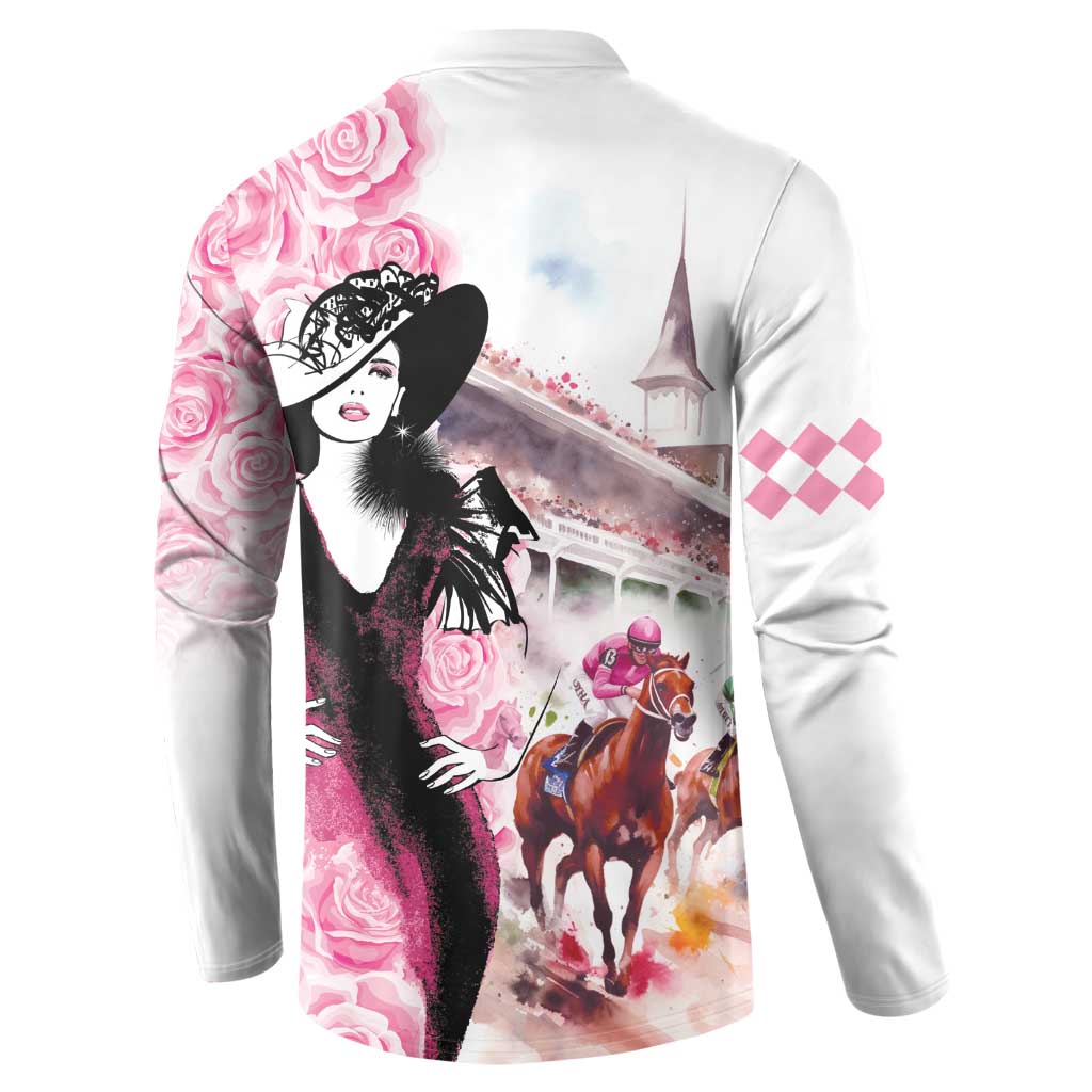 Back button sweatshirt with black-hat woman silhouette, horses, and pink rose graphics.