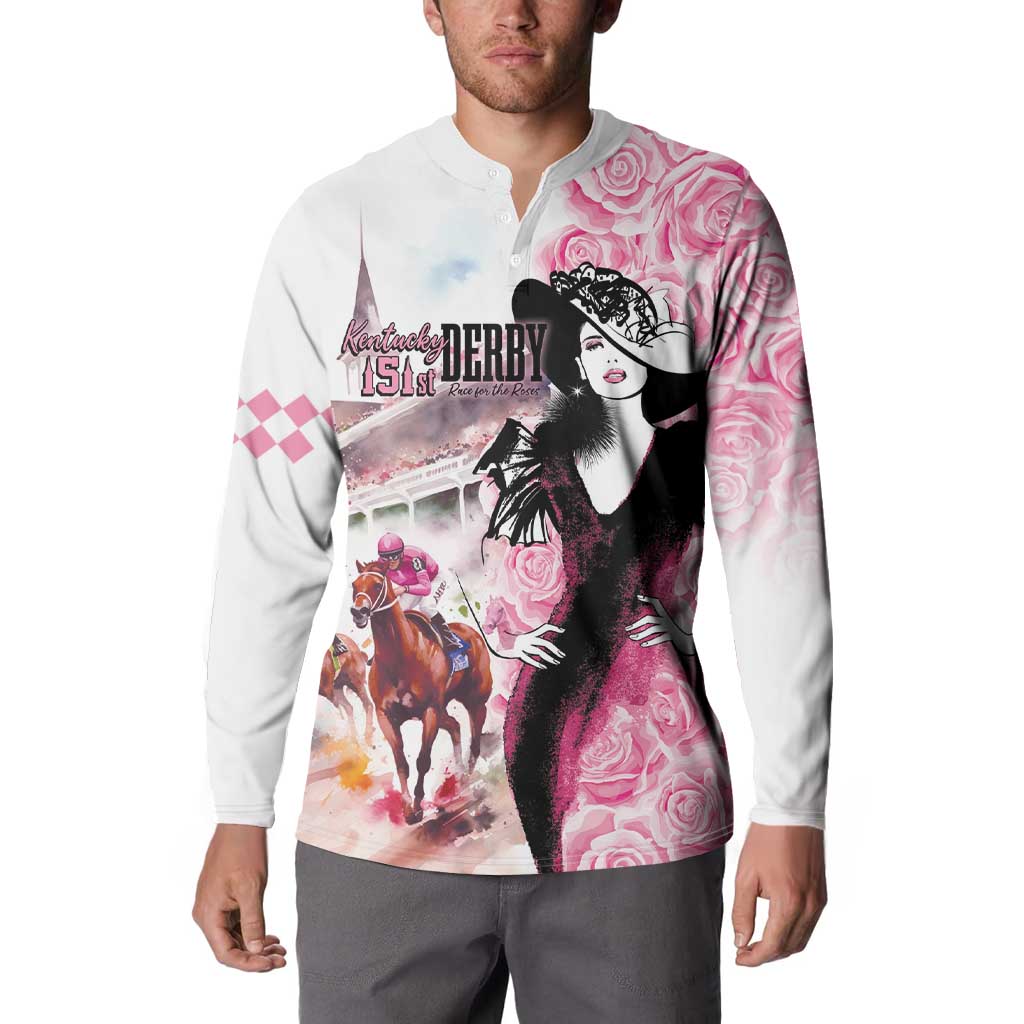 Button sweatshirt worn by model, pink roses and horse rider print on white base.