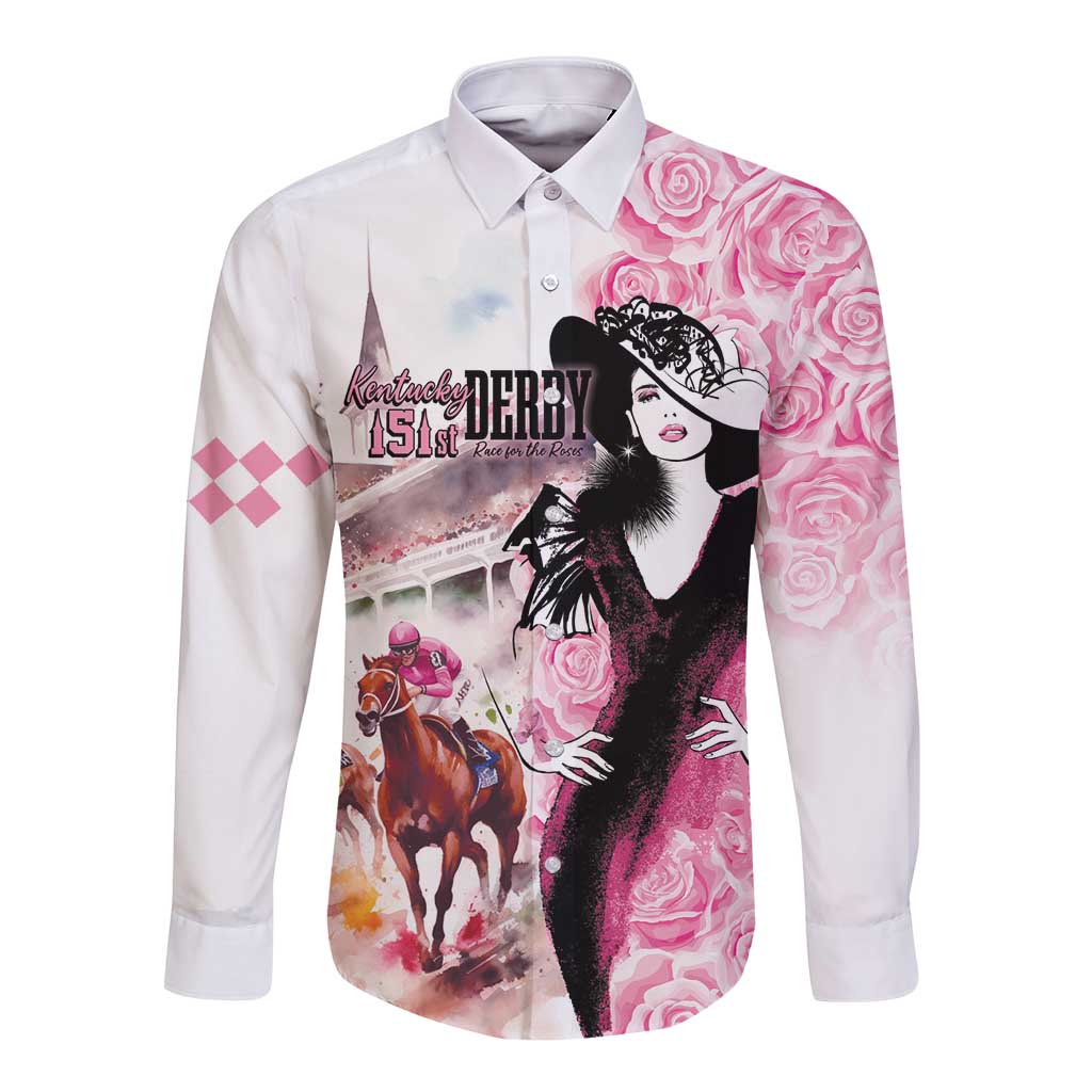 Pink long-sleeve button shirt with horse, woman graphic, rose accents