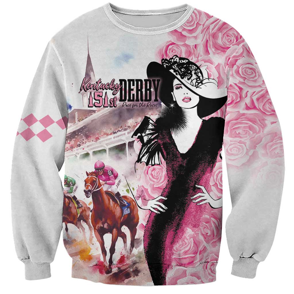 Light gray crewneck sweatshirt with pink rose print and Derby woman graphic in front