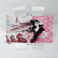 Pink tablecloth with rose pattern and Kentucky Derby graphic