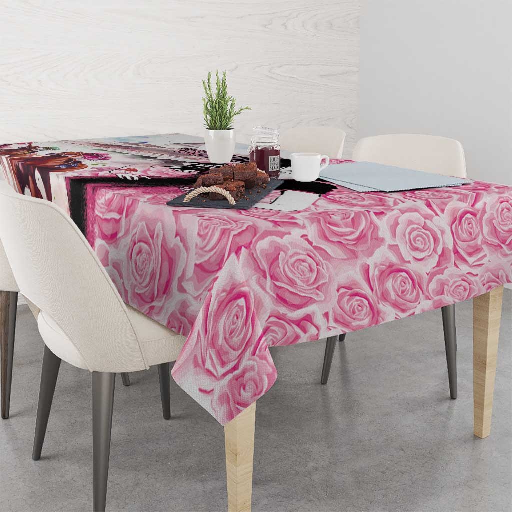 Pink rose-pattern tablecloth with sharp-edged corners on dining table