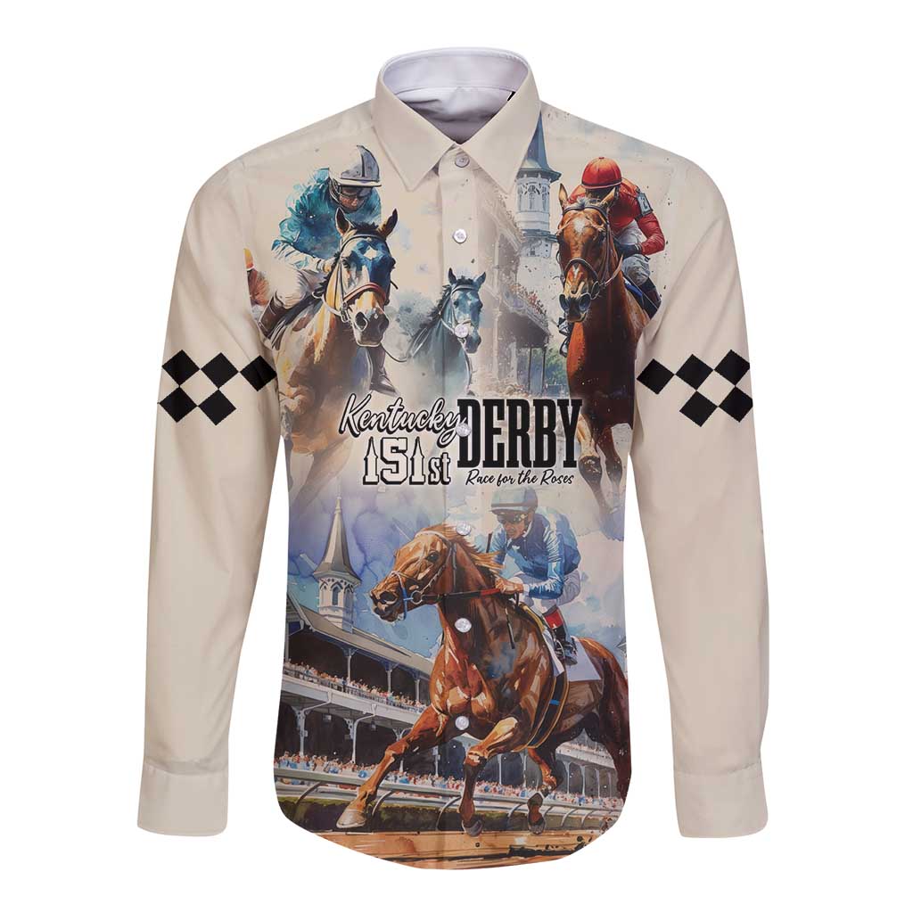 Beige long-sleeve button shirt with horse race graphic and checkered sleeve accents