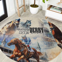 Beige round carpet with Kentucky Derby 151st graphic and jockey horses