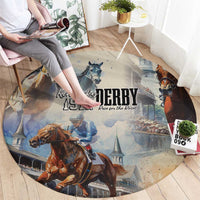 Beige round carpet with Kentucky Derby 151st text, jockey and horse artwork