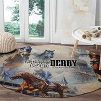 Beige round carpet corner view with Kentucky Derby 151st and galloping horses