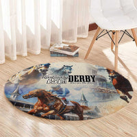 Beige round carpet with Kentucky Derby 151st logo and horse rider scene