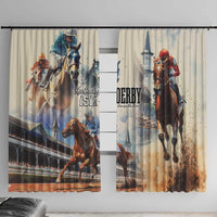 Beige window curtain set with horse racing artwork, grooms and jockeys on fabric panels.