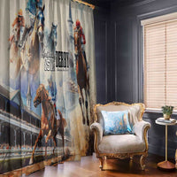 Beige horse racing print window curtain panels with jockey and horse graphics in living room.