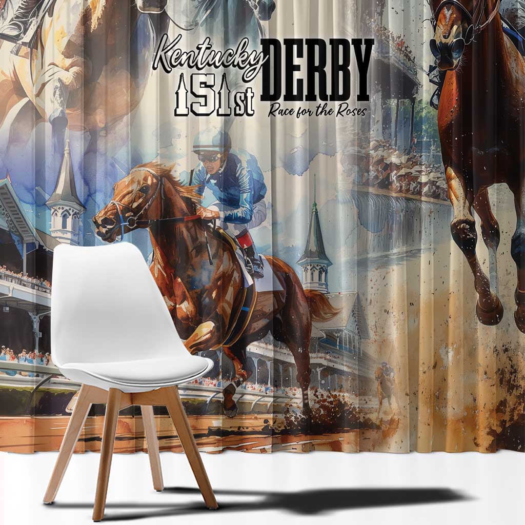 Beige window curtain with horse and jockey race scene artwork, panel edge visible.